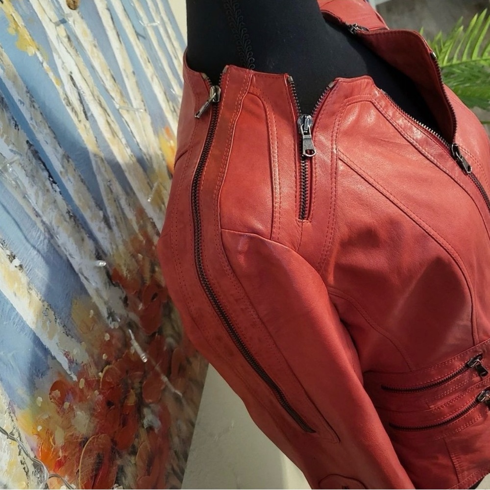 Red Women's Italian Leather Jacket - Stylish Zip Detail